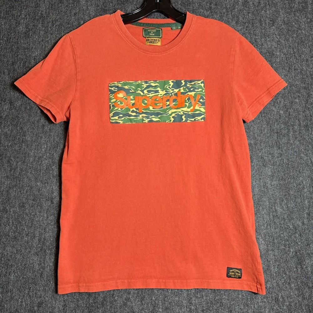 Superdry Machined Goods Tshirt Mens Medium Orange Camo Box Logo Crewneck‎
